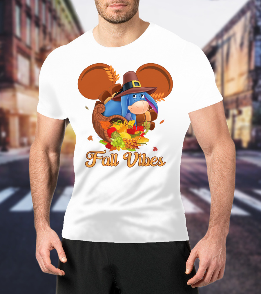 Eeyore Fall Vibes Cornucopia With Pilgrim Hat And Autumn Leaves T-Shirt