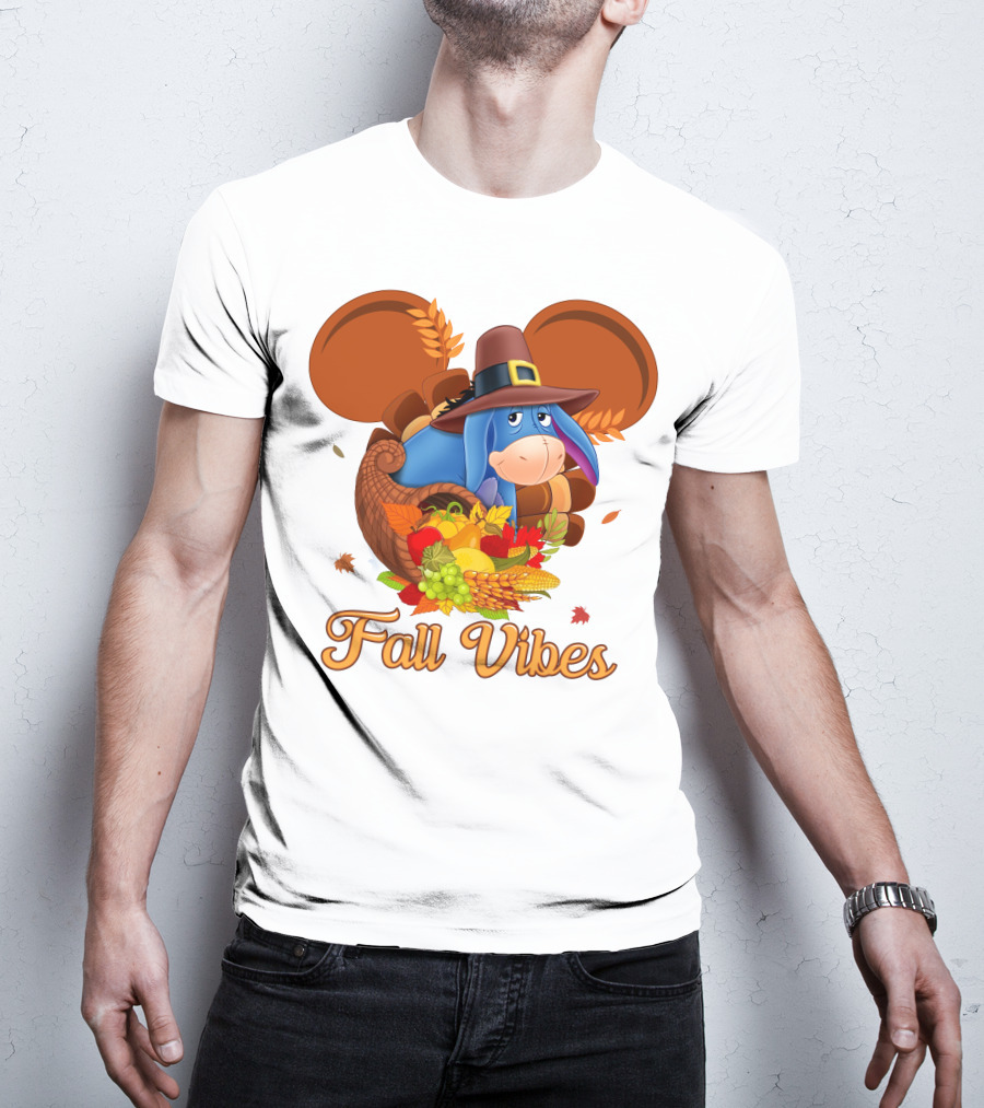 Eeyore Fall Vibes Cornucopia With Pilgrim Hat And Autumn Leaves T-Shirt