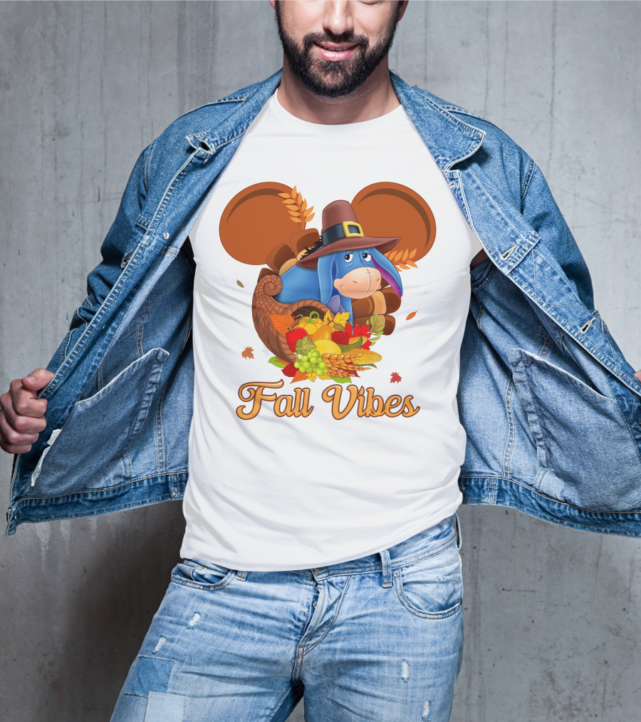 Eeyore Fall Vibes Cornucopia With Pilgrim Hat And Autumn Leaves T-Shirt