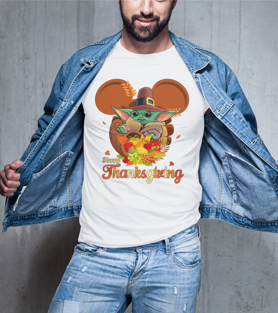 Happy Thanksgiving Baby Yoda Cornucopia With Pilgrim Hat T-Shirt