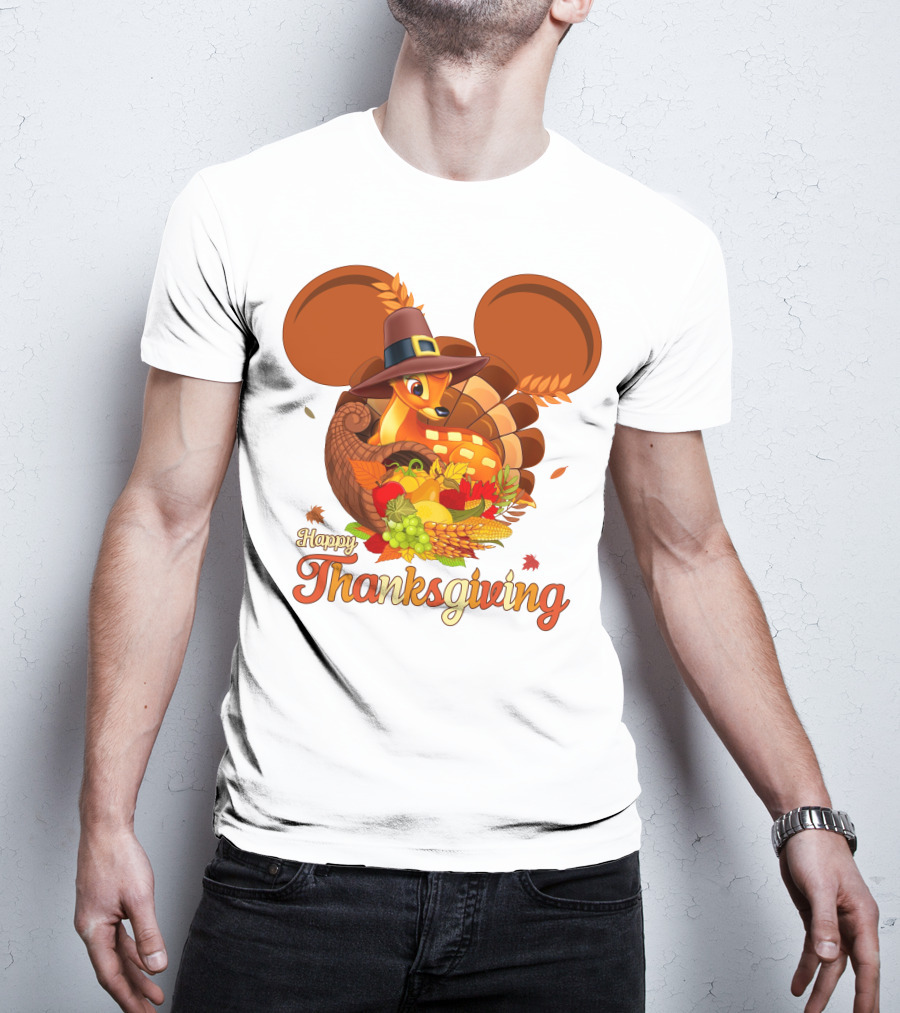Happy Thanksgiving Bambi In Pilgrim Hat With Cornucopia And Mickey Ears T-Shirt