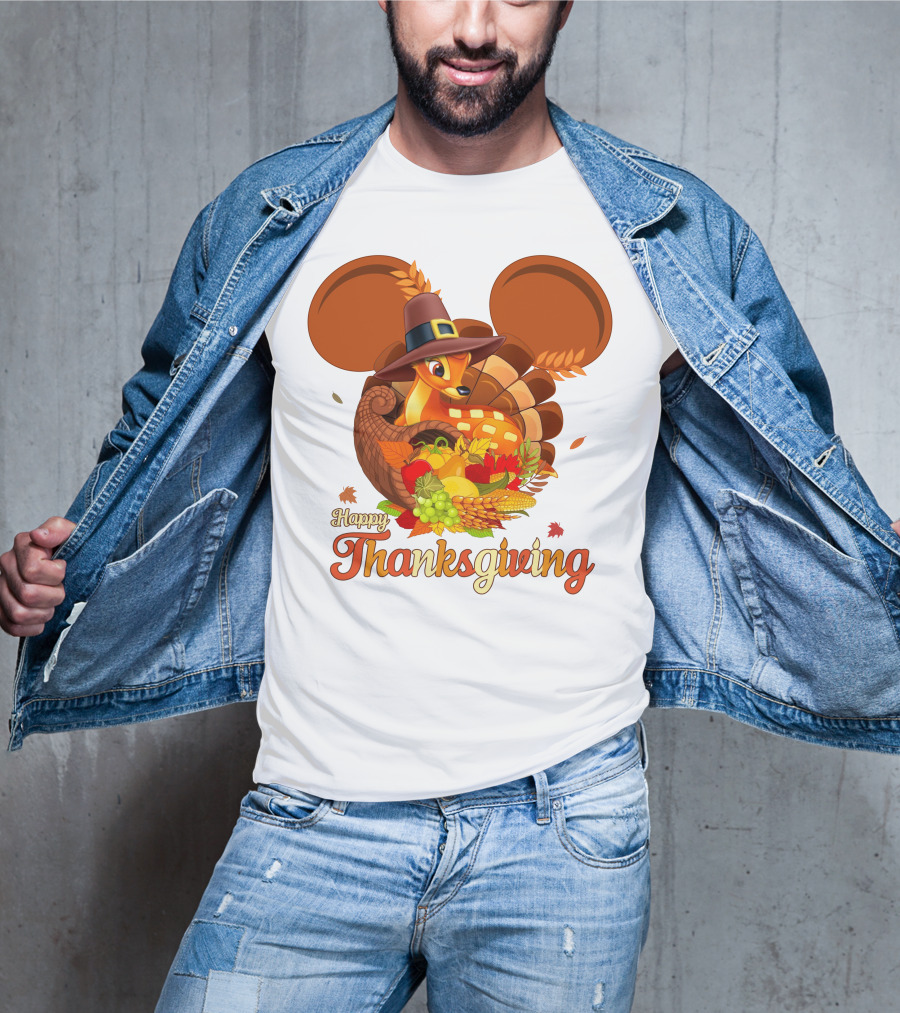 Happy Thanksgiving Bambi In Pilgrim Hat With Cornucopia And Mickey Ears T-Shirt