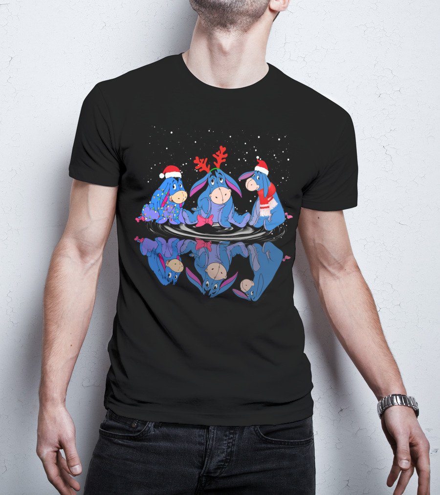 Eeyore Christmas Reflections With Santa Hats And Reindeer Antlers T-Shirt