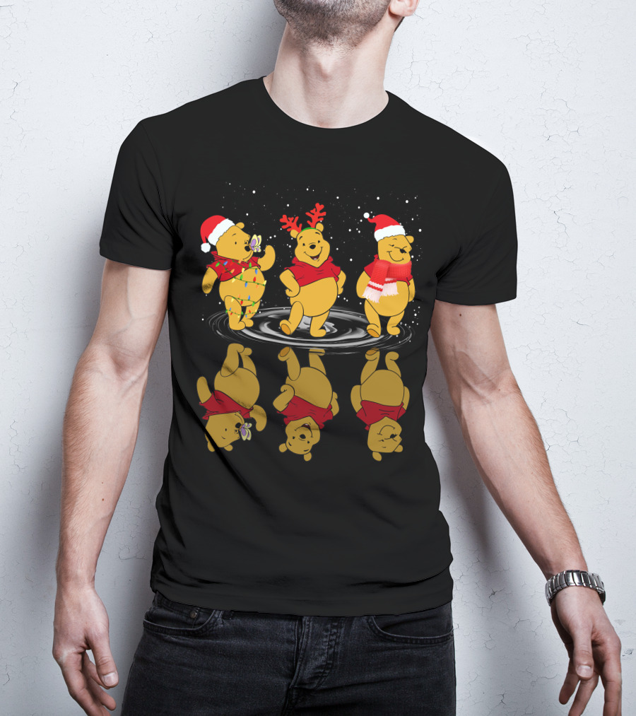 Winnie The Pooh Christmas Reflections In Holiday Hats And Scarves With Snowflakes T-Shirt