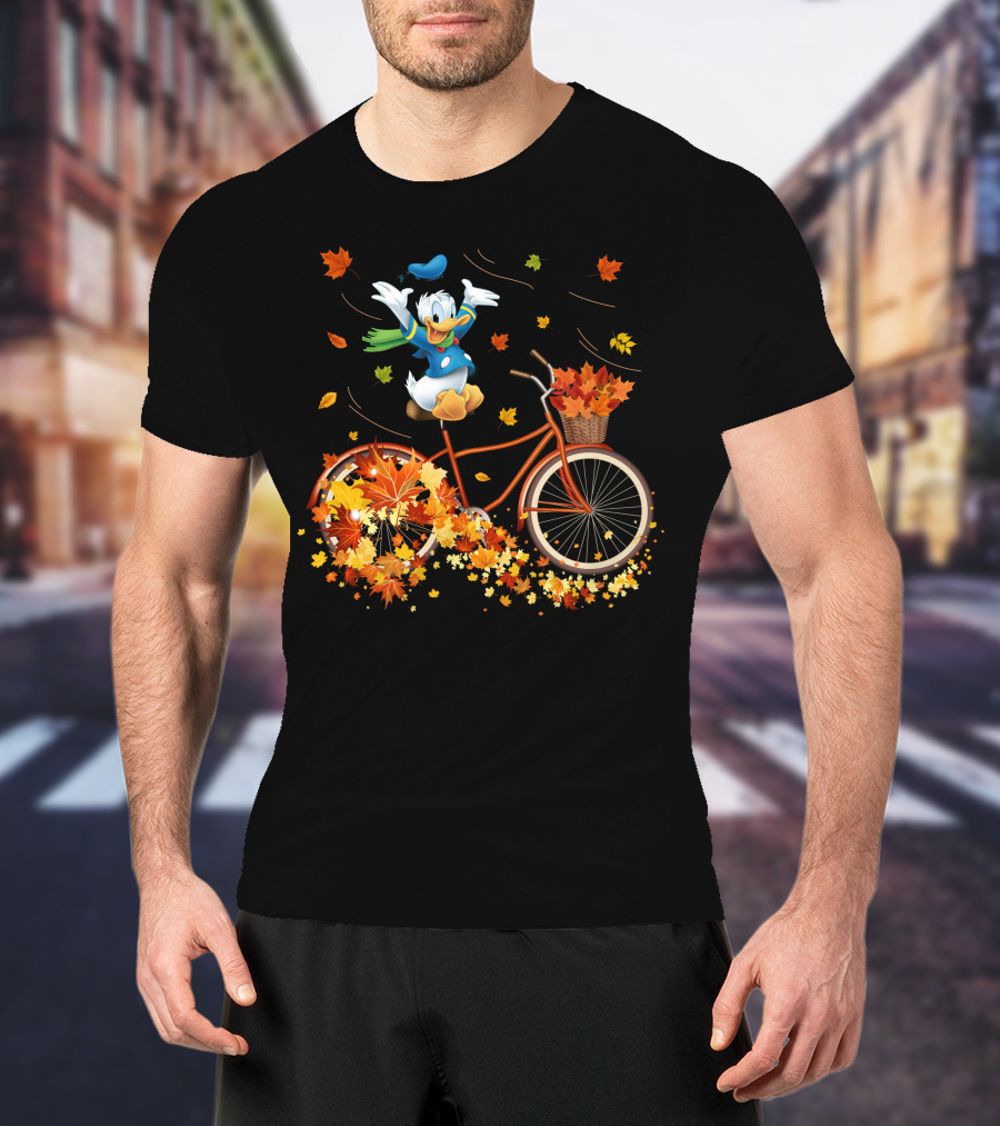 Donald Duck Autumn Bicycle Adventure With Falling Leaves T-Shirt