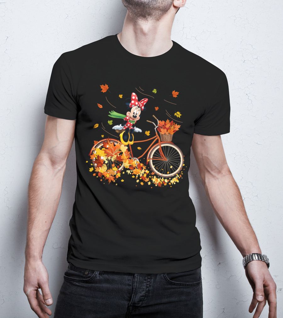Minnie Mouse Autumn Bicycle Ride With Falling Leaves T-Shirt