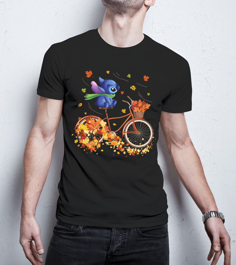 Stitch Autumn Bicycle Ride With Falling Leaves T-Shirt