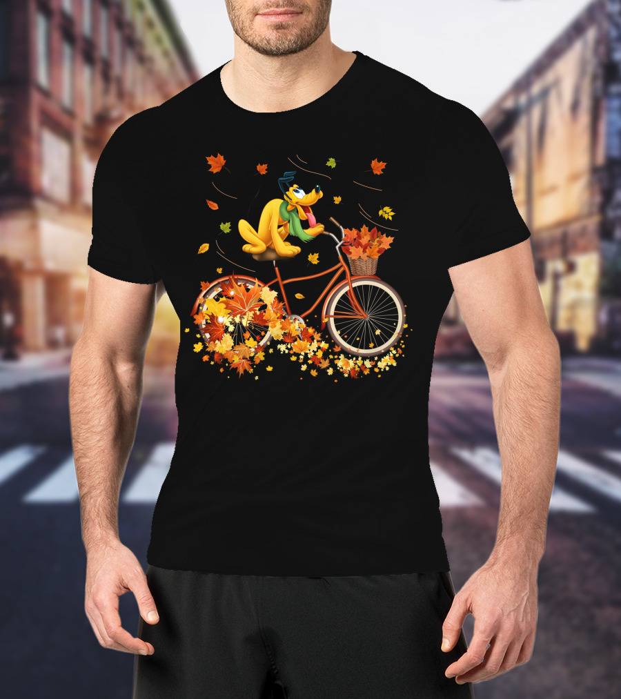 Pluto Autumn Bicycle Adventure With Falling Leaves T-Shirt