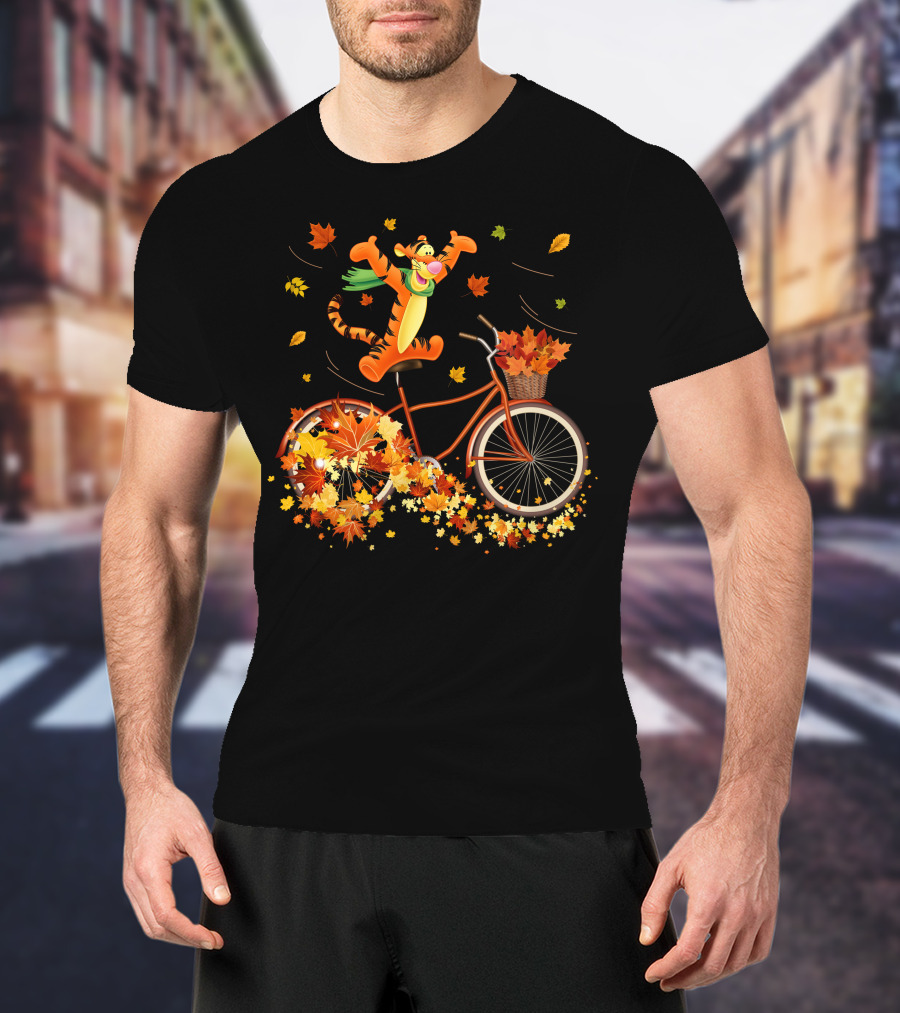 Tigger Autumn Bicycle Adventure With Falling Leaves T-Shirt