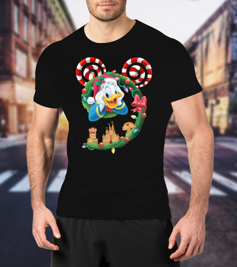 Donald Duck Christmas Wreath With Candy Cane Mickey Ears And Gingerbread Castle T-Shirt