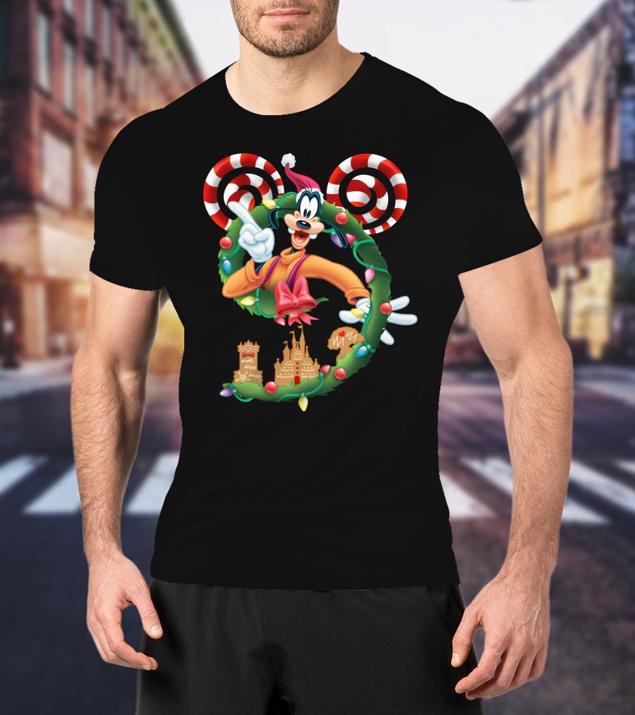 Goofy Christmas Wreath With Candy Canes And Gingerbread Castles T-Shirt
