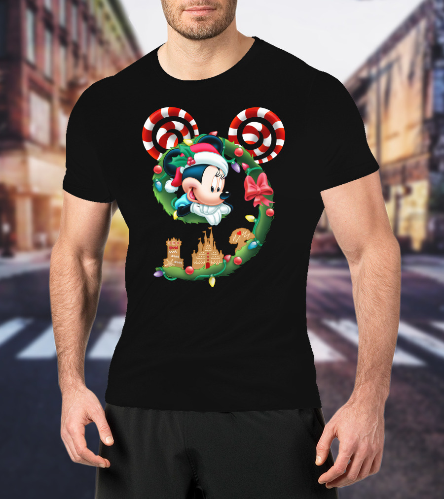 Minnie Mouse Christmas Wreath Candy Cane Ears Holiday Castle Lights T-Shirt