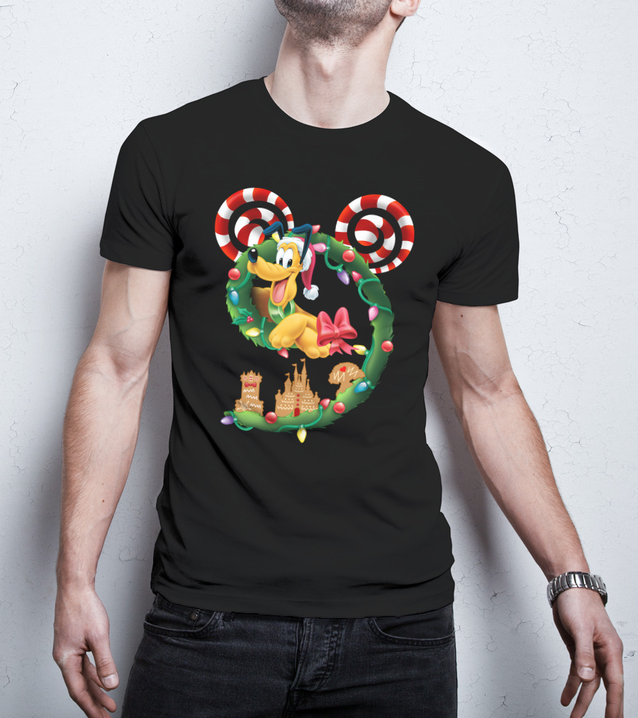 Pluto Holiday Wreath With Candy Canes And Gingerbread Castle T-Shirt