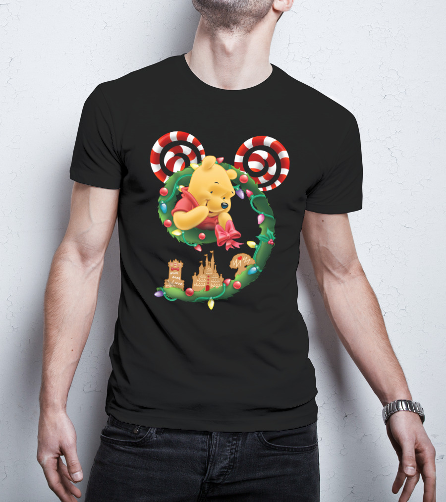 Winnie Pooh Christmas Wreath With Candy Canes And Holiday Castle Cookies T-Shirt