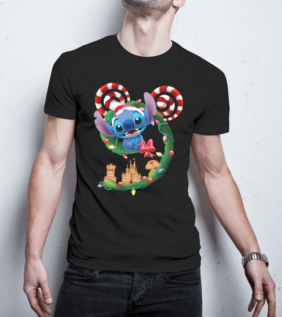 Stitch Christmas Wreath With Candy Canes And Gingerbread Castle T-Shirt