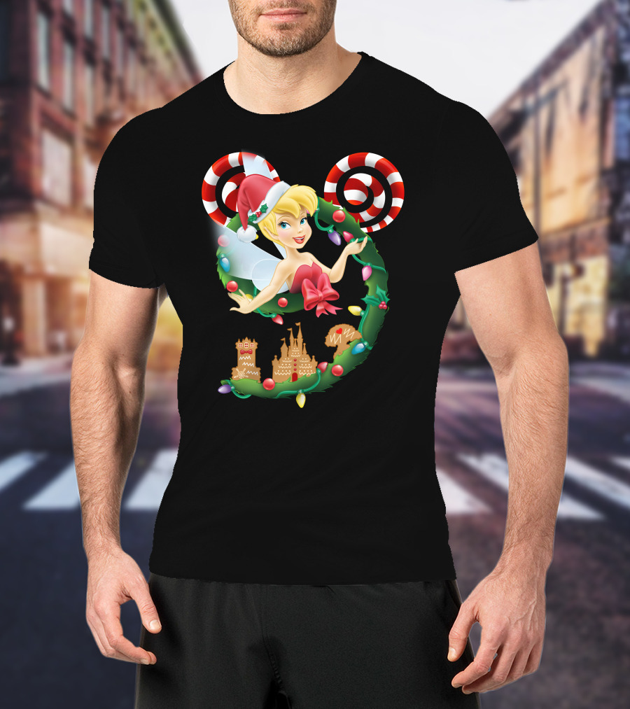 Tinkerbell Christmas Mickey Wreath With Candy Canes And Castle T-Shirt
