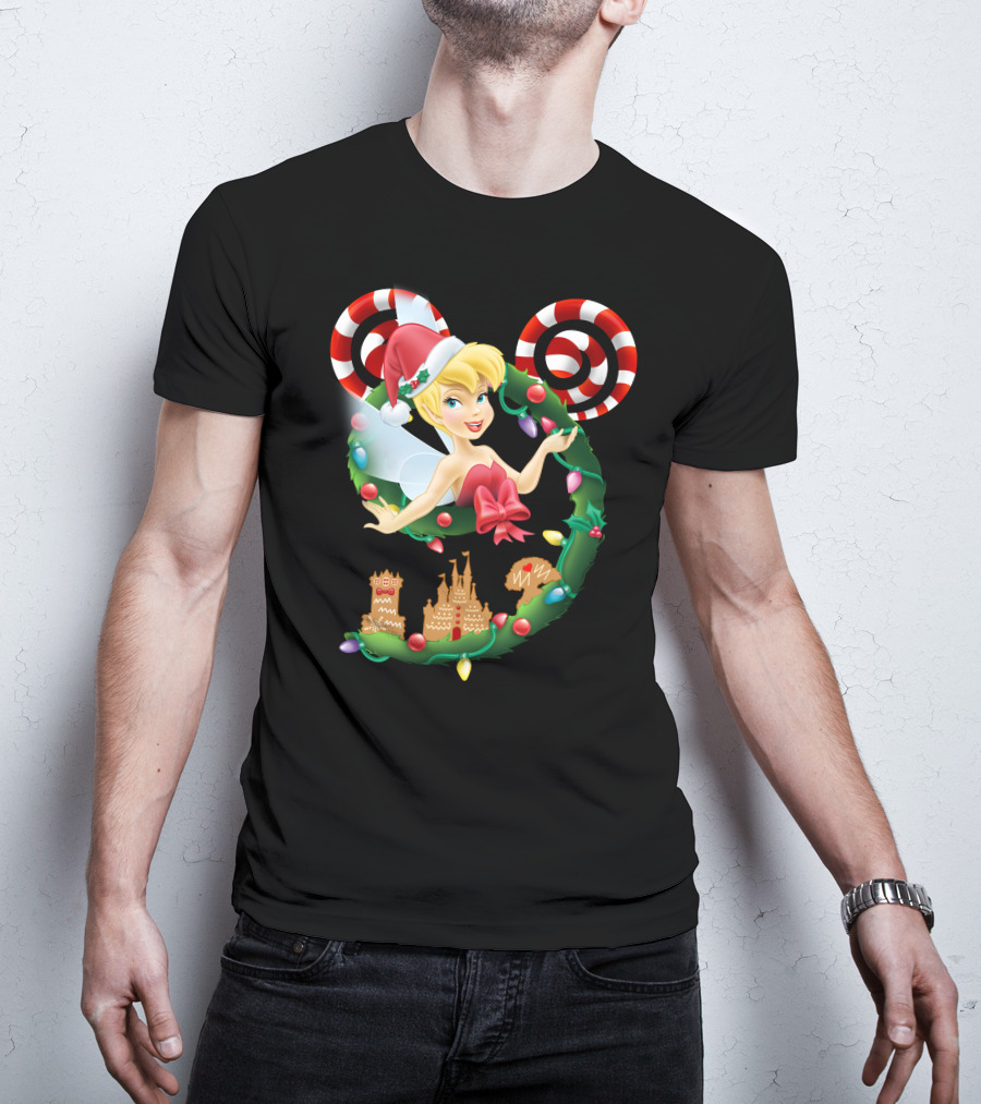 Tinkerbell Christmas Mickey Wreath With Candy Canes And Castle T-Shirt