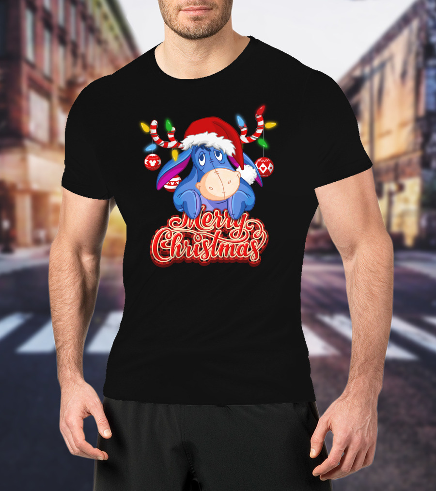 Eeyore Merry Christmas Santa Hat Reindeer Lights T-Shirt