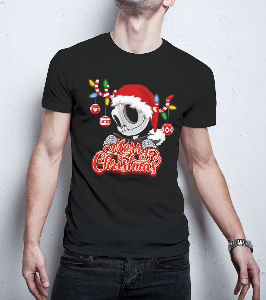 Merry Christmas Santa Jack Skellington With Candy Cane Lights And Ornaments T-Shirt