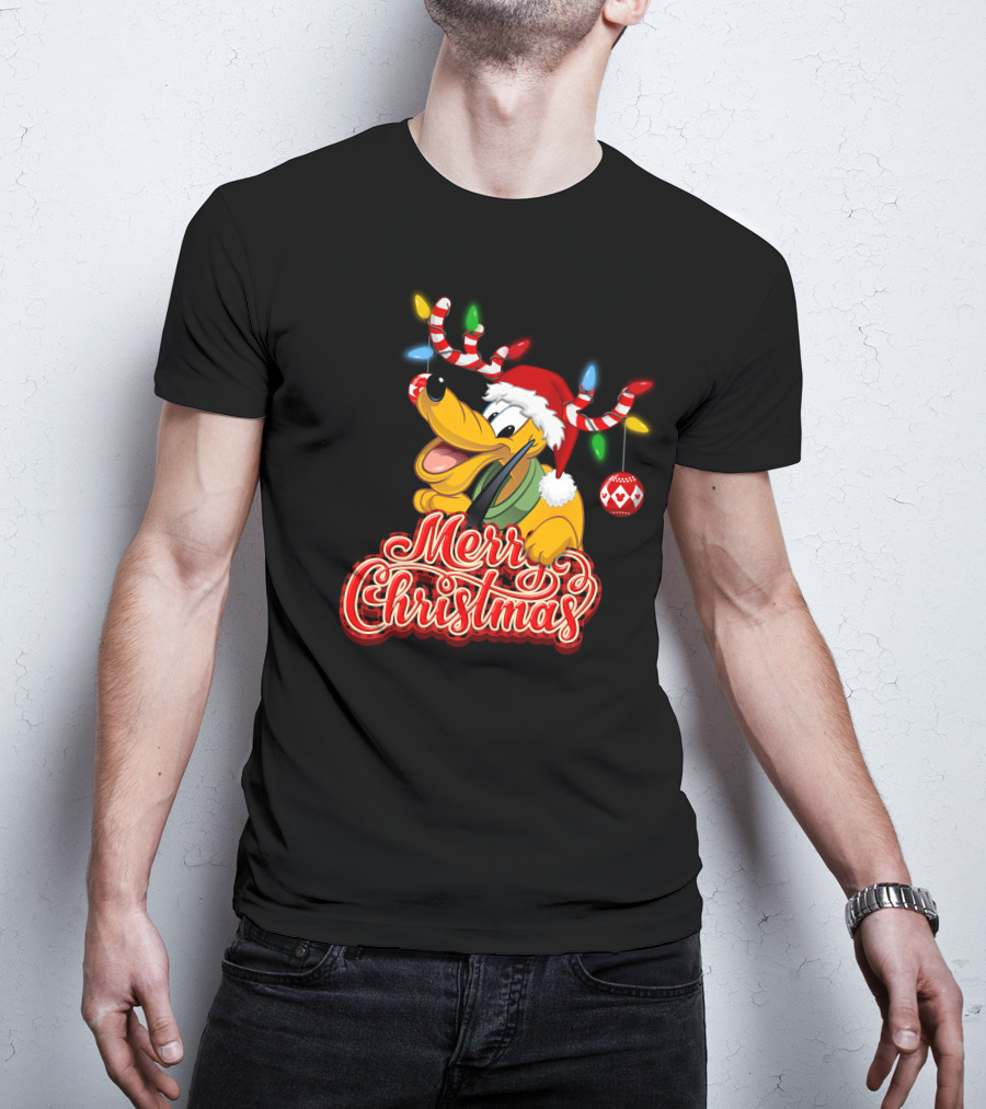 Merry Christmas Pluto Holiday Antlers And Santa Hat T-Shirt