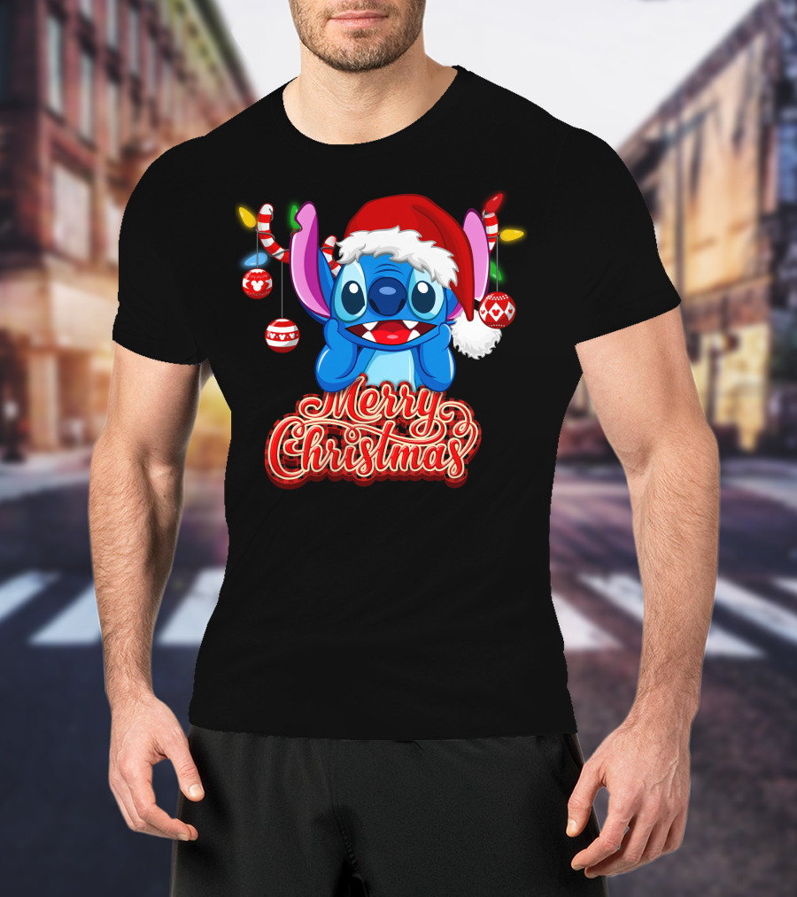 Merry Christmas Stitch Santa Hat Ornaments T-Shirt