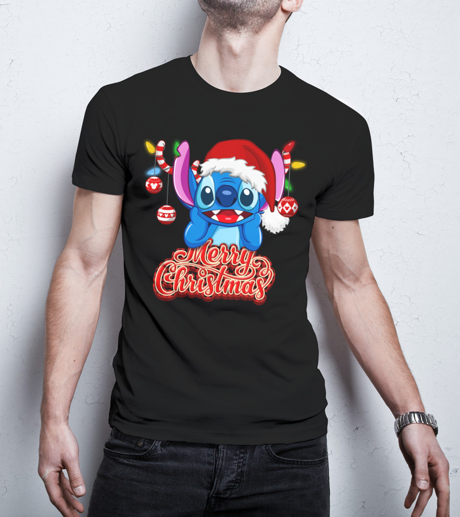 Merry Christmas Stitch Santa Hat Ornaments T-Shirt