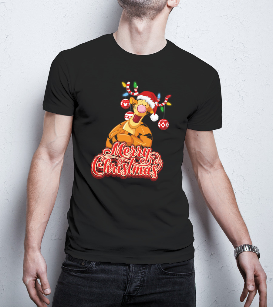 Merry Christmas Tigger Santa Hat Festive Lights And Ornaments T-Shirt
