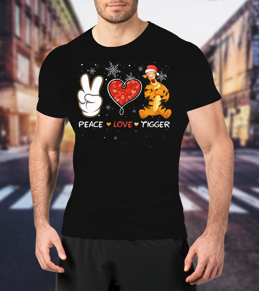 Peace Love Tigger Santa Hat Snowflakes T-Shirt