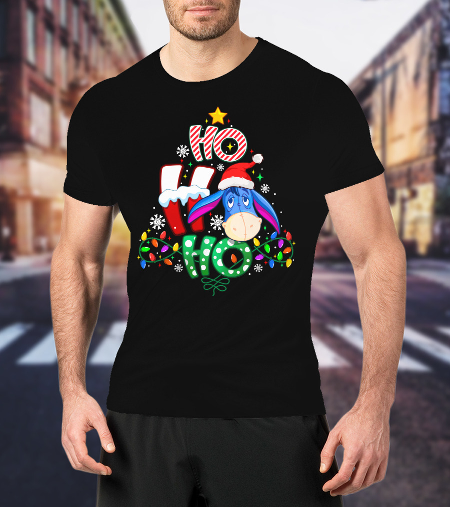 Ho Ho Ho Christmas Eeyore Santa Hat Lights Snowflakes T-Shirt