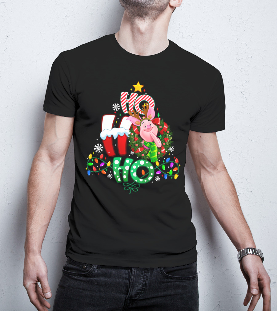 Ho Ho Ho Christmas Piglet Reindeer Lights Snowflakes T-Shirt