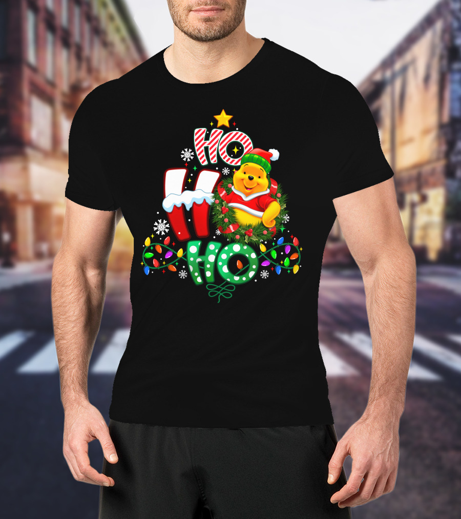 Ho Ho Ho Pooh Christmas Lights Snowflakes Wreath Santa Hat T-Shirt