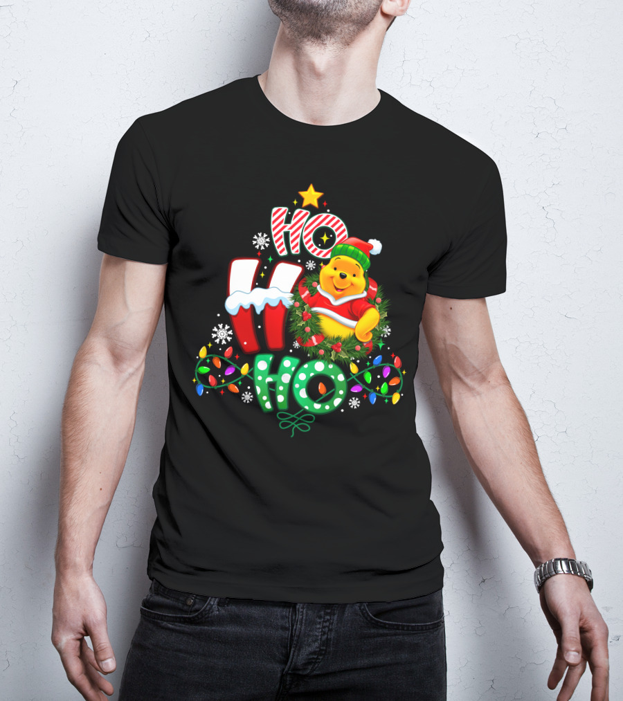 Ho Ho Ho Pooh Christmas Lights Snowflakes Wreath Santa Hat T-Shirt