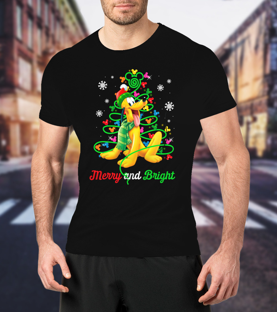 Pluto Merry And Bright Holiday Lights Mickey Snowflakes T-Shirt