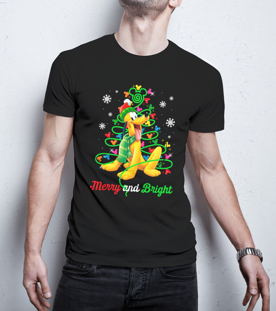 Pluto Merry And Bright Holiday Lights Mickey Snowflakes T-Shirt