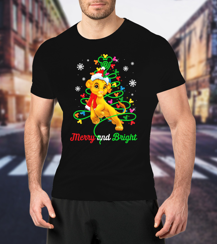 Merry And Bright Simba Christmas Snowflakes Santa Hat T-Shirt