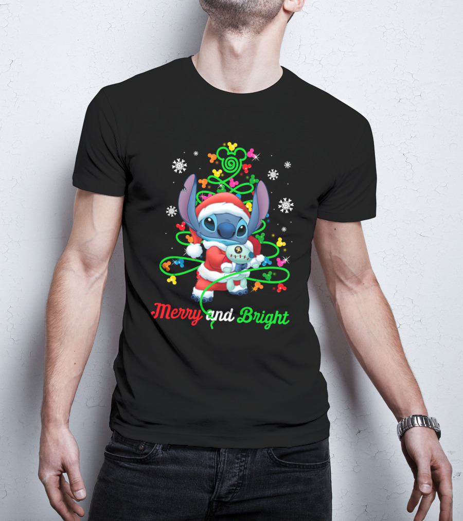Merry And Bright Stitch Christmas Mickey Tree T-Shirt