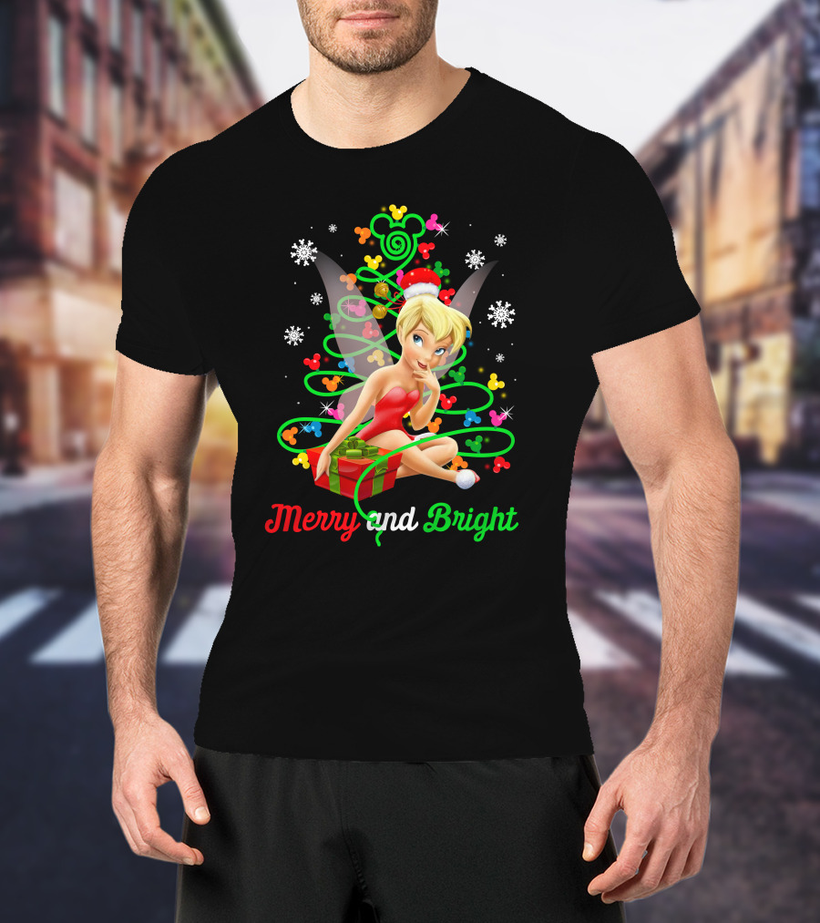Merry And Bright Christmas Tinkerbell With Holiday Gift And Snowflakes T-Shirt