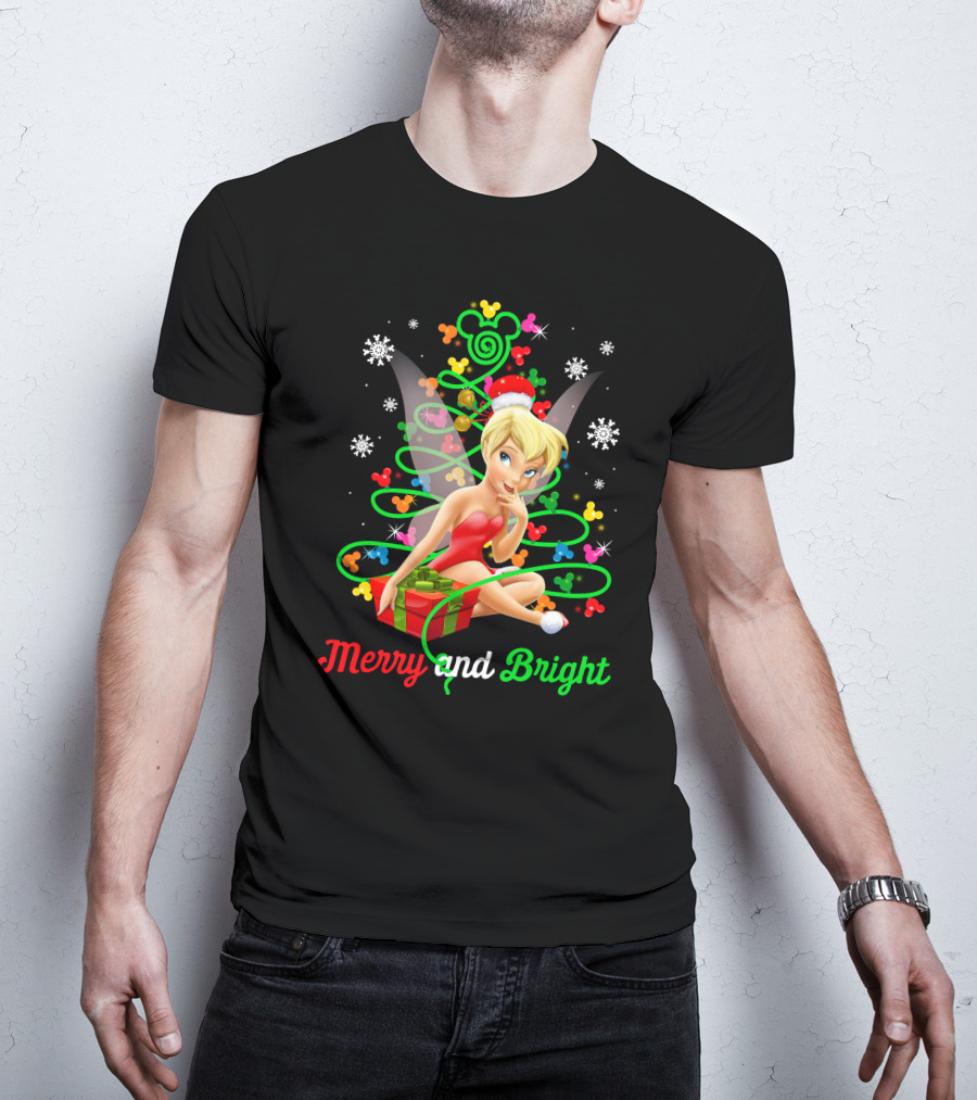 Merry And Bright Christmas Tinkerbell With Holiday Gift And Snowflakes T-Shirt