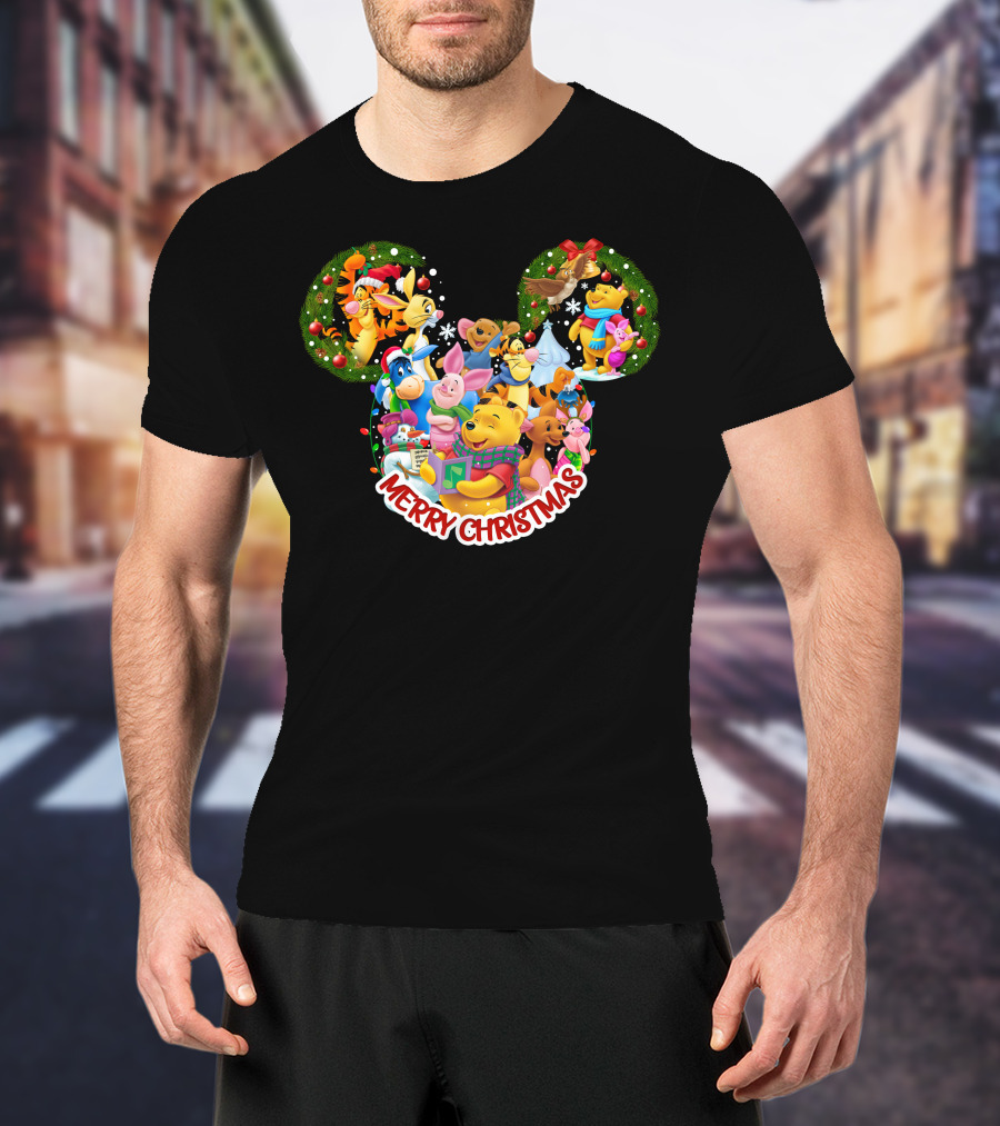 Merry Christmas Winnie The Pooh Disney Characters Mickey Ears T-Shirt