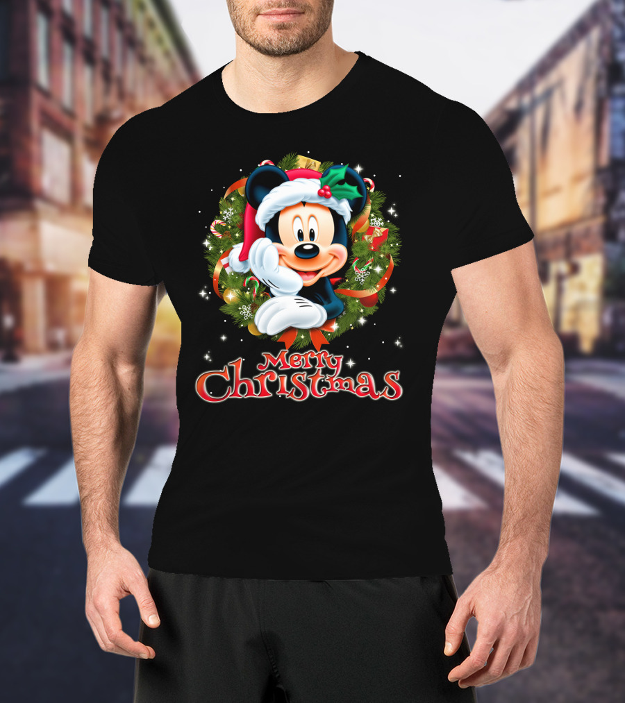 Mickey Merry Christmas Santa Hat With Holly Wreath T-Shirt