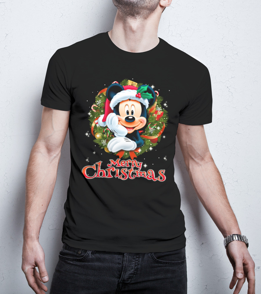 Mickey Merry Christmas Santa Hat With Holly Wreath T-Shirt