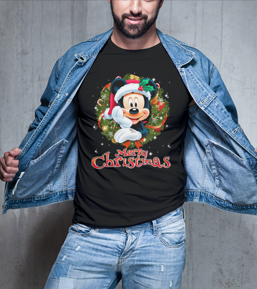 Mickey Merry Christmas Santa Hat With Holly Wreath T-Shirt