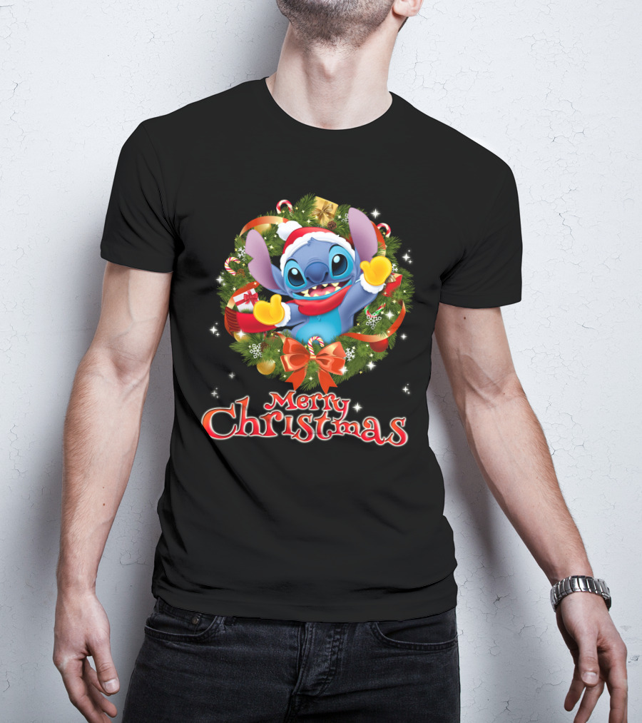 Merry Christmas Stitch Holiday Wreath Santa Hat Candy Cane T-Shirt