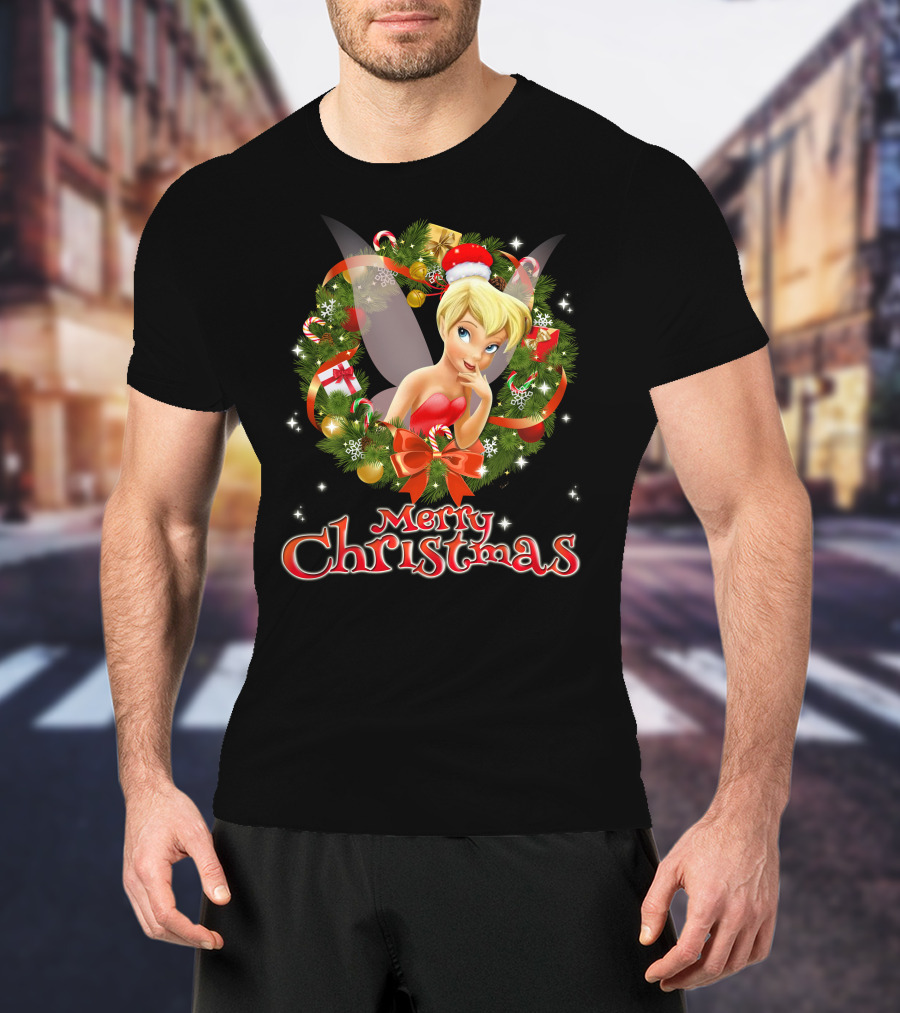 Merry Christmas Tinkerbell With Holiday Wreath T-Shirt
