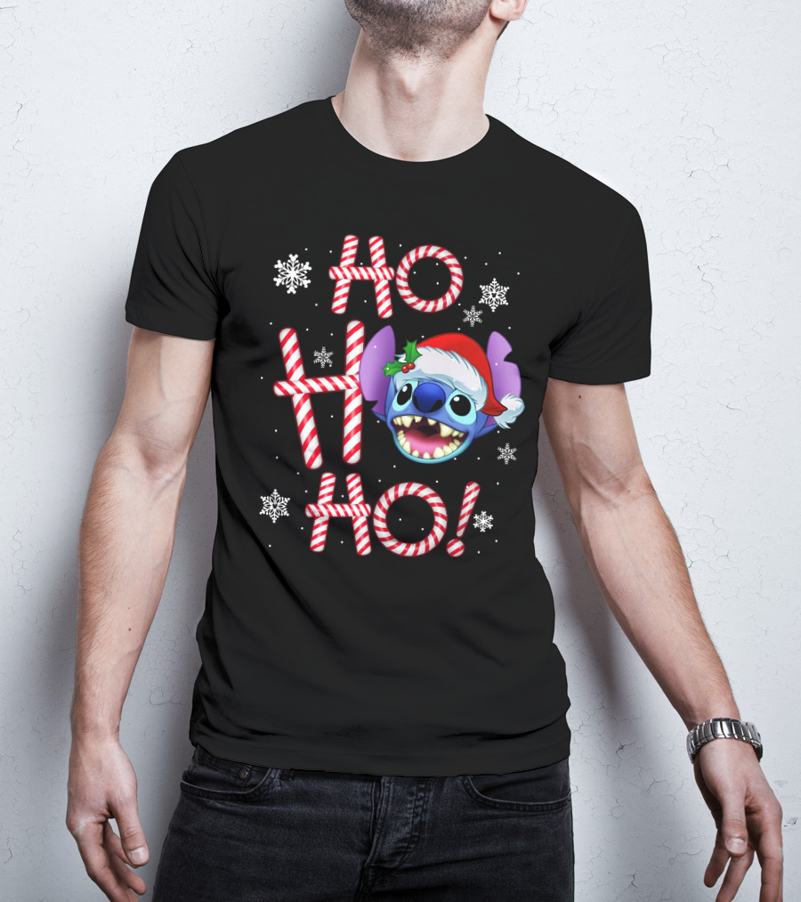 Ho Ho Ho Stitch Santa Hat Snowflakes Candy Cane T-Shirt