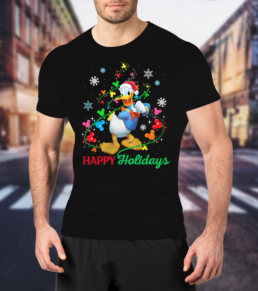 Happy Holidays Donald Duck Santa Hat Snowflake Icons And Mickey Heads T-Shirt