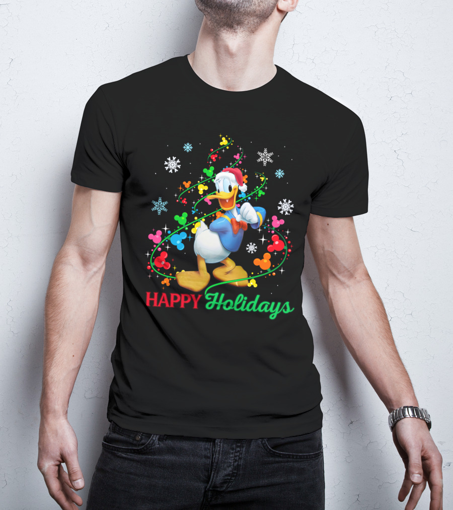 Happy Holidays Donald Duck Santa Hat Snowflake Icons And Mickey Heads T-Shirt