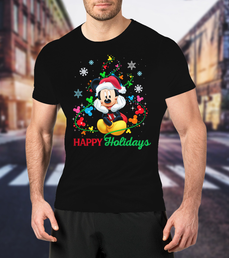 Mickey Happy Holidays Snowflakes Christmas Lights T-Shirt