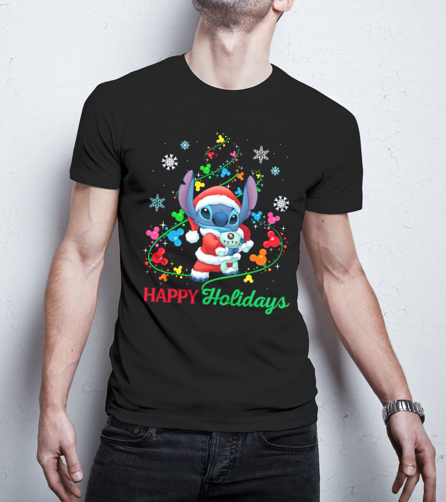 Happy Holidays Stitch Santa With Snowflakes And Mickey Mouse Ears T-Shirt