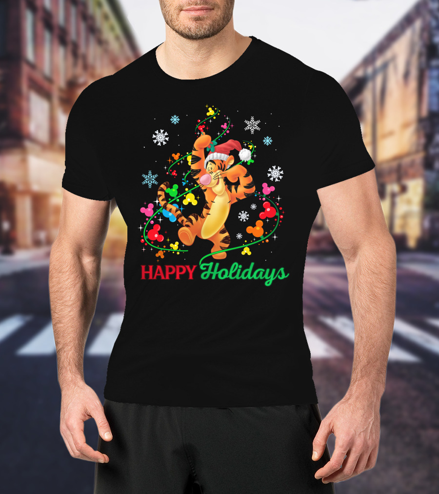 Tigger Happy Holidays Santa Hat Colorful Ornaments Mickey Mouse Ears Snowflakes T-Shirt